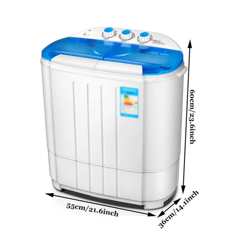 No Sweat Portable Washing Machine 3.6 Kg Double Barrel Automatic Laundry Cleaner Quiet Mini Clothes Washer with blue lid and control knobs.