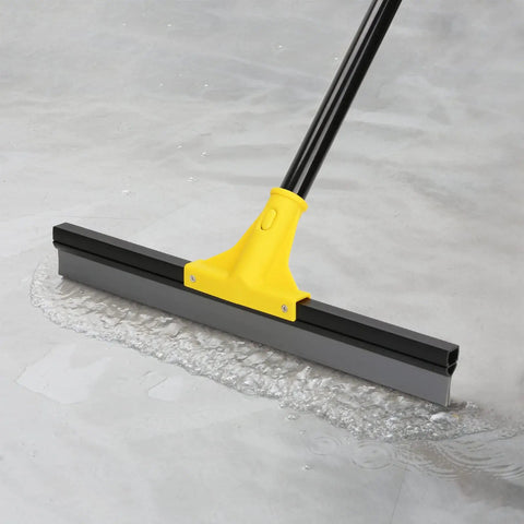 Heavy Duty Floor Squeegee Broom Workhorse with 18 Inch Rubber Blade and 60 Inch Long Handle used for streak-free concrete cleaning.
