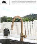Modern Champagne Gold Kitchen Faucet With Pull Down Sprayer And Dual Function Head, Single Hole Brass Build Deck Plate Included For A Totally Fresh Countertop Glow Up, showcasing curved spout and handle.