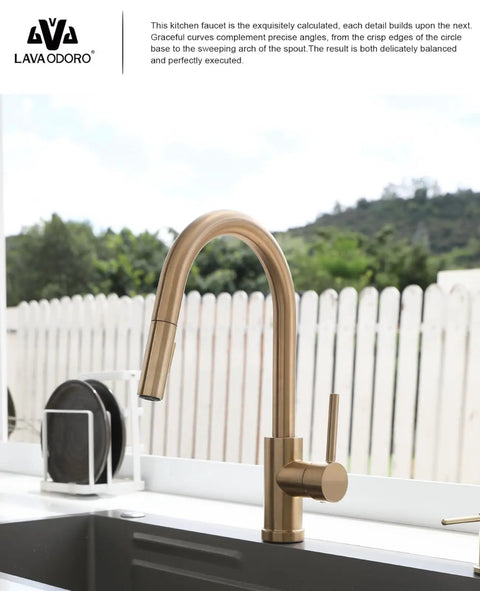 Modern Champagne Gold Kitchen Faucet With Pull Down Sprayer And Dual Function Head, Single Hole Brass Build Deck Plate Included For A Totally Fresh Countertop Glow Up, showcasing curved spout and handle.