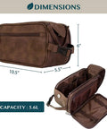 Men's Travel Toiletry Bag With Hella Roomy Compartments, Badass PU Leather Dopp Kit, Water Resistant Grooming Organizer Case For Shaving Essentials And Hygiene Gear In Dark Brown, measuring 10.5x6x5.5 inches, showing inner compartments.
