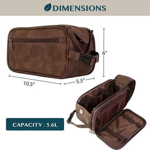 Men's Travel Toiletry Bag With Hella Roomy Compartments, Badass PU Leather Dopp Kit, Water Resistant Grooming Organizer Case For Shaving Essentials And Hygiene Gear In Dark Brown, measuring 10.5x6x5.5 inches, showing inner compartments.