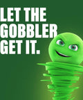 Green spiral character with text "Let the Gobbler Get It" promoting Drain Opening Pacs For Clogged Toilets Sinks Showers And Tubs Hair Clog Remover.