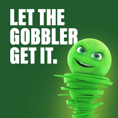 Green spiral character with text "Let the Gobbler Get It" promoting Drain Opening Pacs For Clogged Toilets Sinks Showers And Tubs Hair Clog Remover.