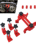 Heavy Duty 9 Piece Camshaft Timing Tool Set With Slick Anti Slip Grip, red clamps and thread locks for engine timing adjustments.