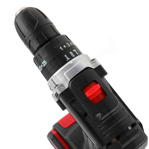 Close-up of Built Tough Cordless Drill And Driver Kit With Battery Charger, featuring adjustable chuck and speed selector.