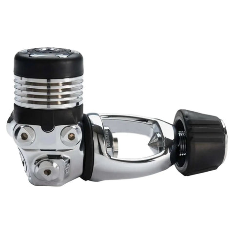 Close-up of Leg3nd Dive Regulator With Auto Closure Device Protection, Yoke Connector and durable metal finish for cold water diving