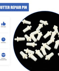 40 Piece Telescopic Shutter Repair Pins Spring Loaded Replacement Kit Hella Durable Total No Brainer Fix for Busted Plantation Shutter Louvers with Non Rusting Plastic displayed on a black background.