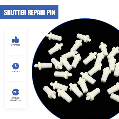 40 Piece Telescopic Shutter Repair Pins Spring Loaded Replacement Kit Hella Durable Total No Brainer Fix for Busted Plantation Shutter Louvers with Non Rusting Plastic displayed on a black background.