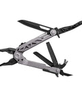 Center Drive Multitool with 12 Piece Bit Set outboard knife, pliers, pry bar, bottle opener, awl, silver black tool