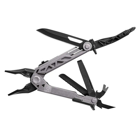 Center Drive Multitool with 12 Piece Bit Set outboard knife, pliers, pry bar, bottle opener, awl, silver black tool