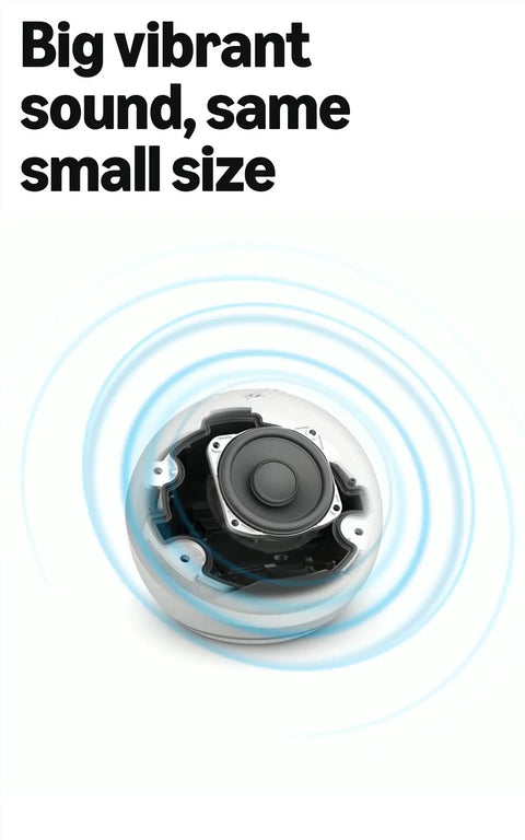 Echo Dot Newest Model With Rich Vibrant Sound Designed For Alexa, speaker component with sound waves, compact size emphasis.