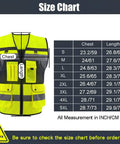 Men High Visibility Safety Vest With Seven Rugged Pockets And Secure Zip Closure Built Tough For The Daily Hustle Breathable Mesh Construction Workwear size chart with measurements.