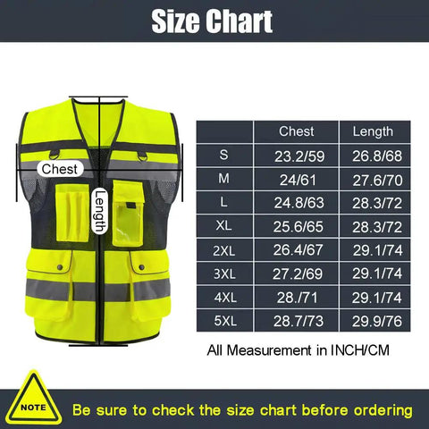 Men High Visibility Safety Vest With Seven Rugged Pockets And Secure Zip Closure Built Tough For The Daily Hustle Breathable Mesh Construction Workwear size chart with measurements.