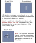 Diagram showing single and double door handle installation instructions with measurements and notes.