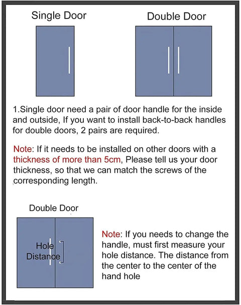 Diagram showing installation instructions for single and double door handles with notes on thickness and hole distance.