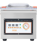 VEVOR chamber vacuum sealer, stainless steel, 12.6-inch sealing length, front view with control panel and vacuum gauge.