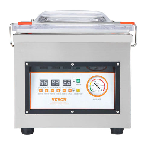 VEVOR chamber vacuum sealer, stainless steel, 12.6-inch sealing length, front view with control panel and vacuum gauge.