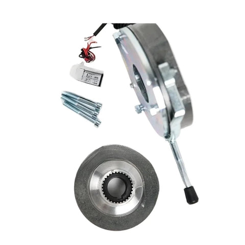 Electromagnetic brake assembly with friction disc, mounting bracket, 4 bolts, and control module with red/black wires.