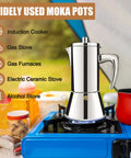 12 Cup Thickened 304 Stainless Steel Moka Pot Stovetop Espresso Maker For Induction Kickass Cafeteras Italian Percolator Mocha Coffee Machine 600ml 20oz Durable Handle Built For Home And Camping on a blue stove