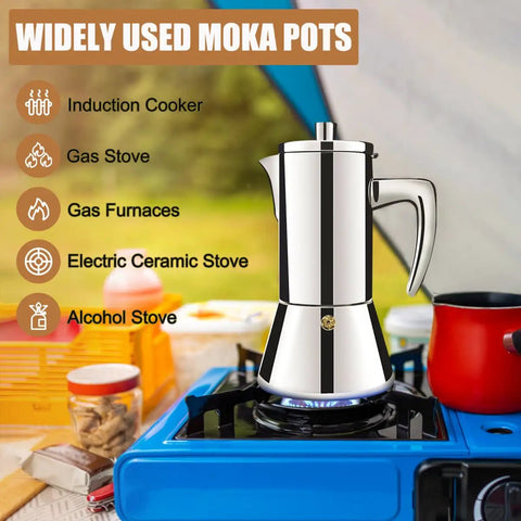 12 Cup Thickened 304 Stainless Steel Moka Pot Stovetop Espresso Maker For Induction Kickass Cafeteras Italian Percolator Mocha Coffee Machine 600ml 20oz Durable Handle Built For Home And Camping on a blue stove