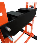 Heavy Duty 75 Ton Hydraulic Shop Press With Air Assist And Dual Pistons showing black pressing surface and red frame.
