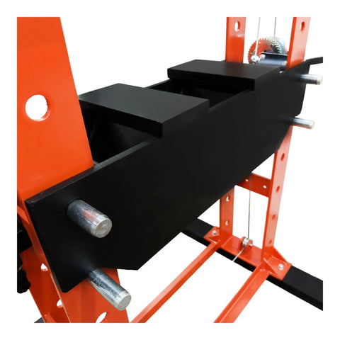 Heavy Duty 75 Ton Hydraulic Shop Press With Air Assist And Dual Pistons showing black pressing surface and red frame.