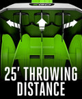 Cordless 12-Inch Electric Snow Shovel illustration of interior, showcasing 25-foot snow throwing capability with green components