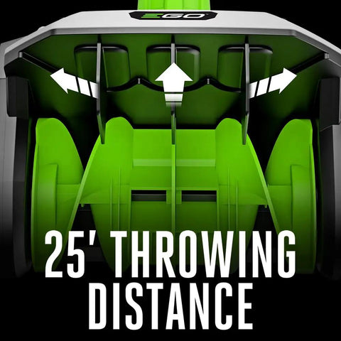 Cordless 12-Inch Electric Snow Shovel illustration of interior, showcasing 25-foot snow throwing capability with green components