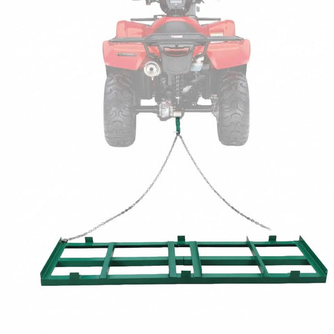 4 Ft Drag Harrow Driveway Grader Heavy Duty Power Rake Tow Behind Lawn Rake for ATV attached to a red ATV