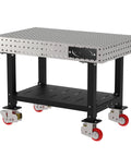 Rock Solid Mobile Welding Fixture Table Featuring Precision Laser Grid Holes And Built In Shelf Smooth Rollin Heavy Duty Swivel Casters Pro Grade Fabrication Base with a perforated surface and black frame.