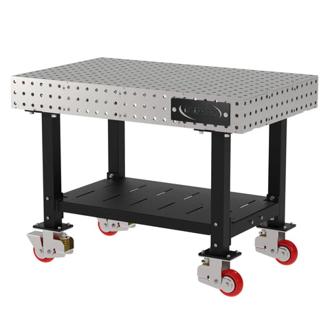 Rock Solid Mobile Welding Fixture Table Featuring Precision Laser Grid Holes And Built In Shelf Smooth Rollin Heavy Duty Swivel Casters Pro Grade Fabrication Base with a perforated surface and black frame.