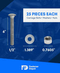 Half Inch 13 Thread Carriage Bolt Kit For Exterior Use Built Tough With 25 Bolts, 25 Washers And 25 Hex Nuts