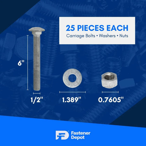 Half Inch 13 Thread Carriage Bolt Kit For Exterior Use Built Tough With 25 Bolts, 25 Washers And 25 Hex Nuts