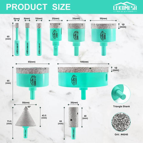 LEKOMESH tile hole saw kit with diamond core bits (6–100mm) plus 20mm finger and 50mm chamfer bits; triangle shank