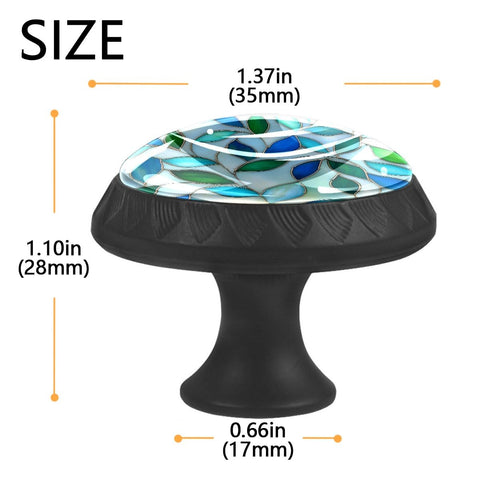 Slick Crystal Glass Cabinet Knob Black ABS Base 4 Pack with colorful top, dimensions labeled, decorative drawer pulls