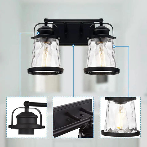 Matte Black Two Light Vanity Lights For Bathroom Farmhouse Rustic Over Mirror Sconces With Hammered Glass Shades Vintage Industrial Wall Mount Lamp For Bathroom Or Bedroom Cozy Retro Home Accent Lighting
