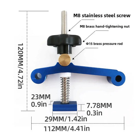 112mm Adjustable T Track Clamping System with 180 Degree Rotatable Quick Fix Jig for CNC Engraving Machines, blue and brass parts.