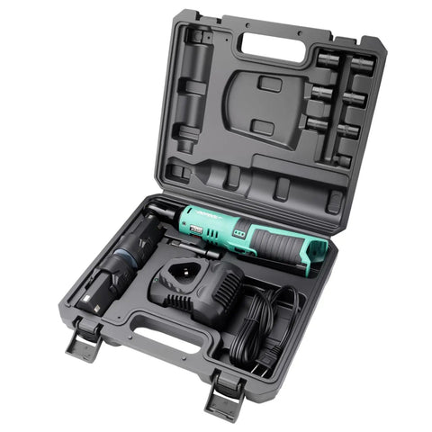 3/8 Inch Cordless Electric Ratchet Wrench Kit With 40 Ft Lbs Torque, 12V Power, Pro Grade Build, in open black case with accessories