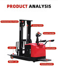Heavy Duty Electric Forklift Stacker With 1.5 Ton Lift Capacity Designed For Warehouse And Industrial Material Handling Operations Offers Compact Design For Efficient Movement Of Heavy Loads In Tight Spaces Ensuring Smooth And Reliable Performance Daily, featuring strong chain and smart handle.