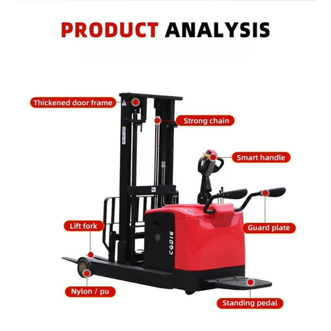 Heavy Duty Electric Forklift Stacker With 1.5 Ton Lift Capacity Designed For Warehouse And Industrial Material Handling Operations Offers Compact Design For Efficient Movement Of Heavy Loads In Tight Spaces Ensuring Smooth And Reliable Performance Daily, featuring strong chain and smart handle.