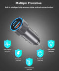 Premium Dual Port Vehicle Charger With MFi Certified Lightning Cable Pumping Out 38W Fast Power, showcasing safety features and ports.