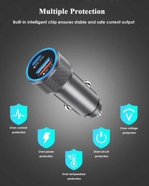 Premium Dual Port Vehicle Charger With MFi Certified Lightning Cable Pumping Out 38W Fast Power, showcasing safety features and ports.