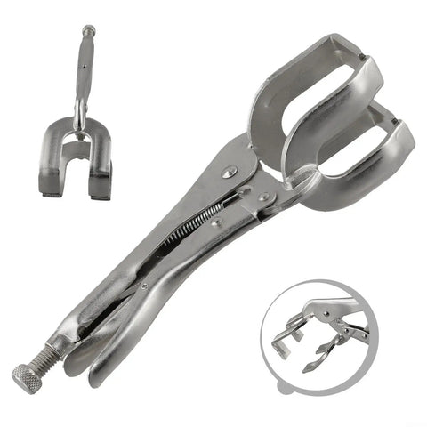 Heavy Duty 9 Inch U Shaped Welding Pliers Steel Clamp With Strong Bite Force Perfect For Mig Tig Welding Riveting And Grinding Adjustable Handle Silver Tool That Grips Hard in close-up view.