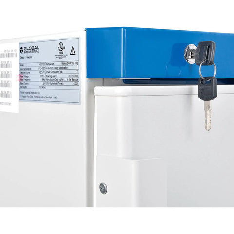 Hella Reliable Undercounter Lab Freezer With 3.2 Cubic Foot security key lock and digital thermostat detail.