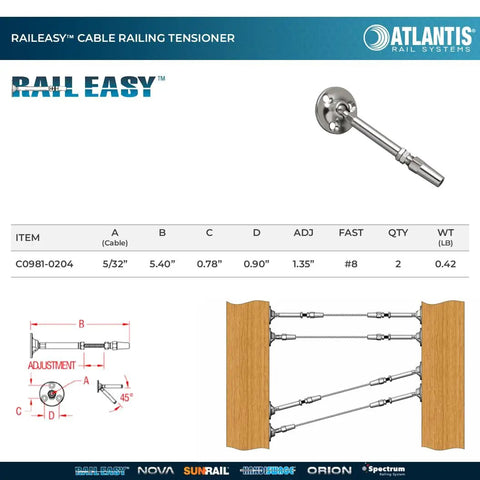 Rail Cable Railing Tensioner Set Five Thirty Second Inch Swage Fittings 316L Stainless Steel Marine Grade Two Pack