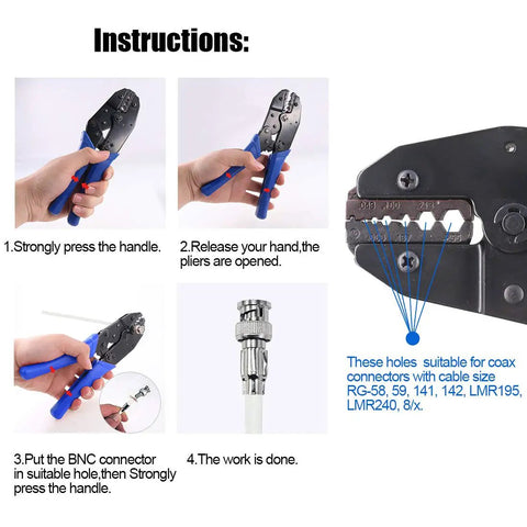 Pro Grade Coaxial Cable Tool Set With Ratchet Crimp Tool demonstrating crimping process for RG58 RG59 RG62 RG174.