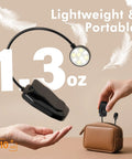 2 Pack Rechargeable Clip On Book Light With 10 LEDs shown lightweight and portable next to a small brown case