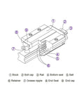 Precision High Speed Linear Guide Rail Kit Includes Four HGH20CA Slide Blocks And HGR20 Bearings For Smooth Sliding Motion With Low Friction And Zero Maintenance Needs On Any Diy Machine Or CNC Build Project. Cutaway view of HGH20CA block on HGR20 rail with labeled parts