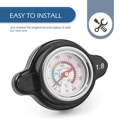 Close-up of High Pressure Radiator Cap Cover With 1.8 Bar Temperature Gauge And 1.85 By 2.55 Inches Water Tank Seal Universal Fit For Suzuki Yamaha Motorcycle And ATV Models Black